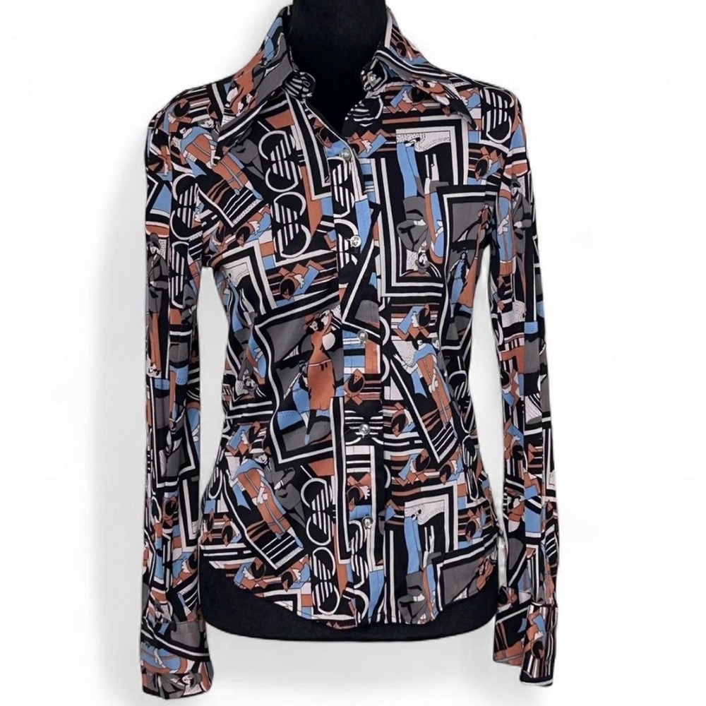 Vintage 70s Disco Dagger Collar Art Deco Print Shirt